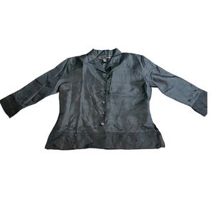 SILKLAND Black Silk Embroidered Button Front Shirt Blouse Size 8‎